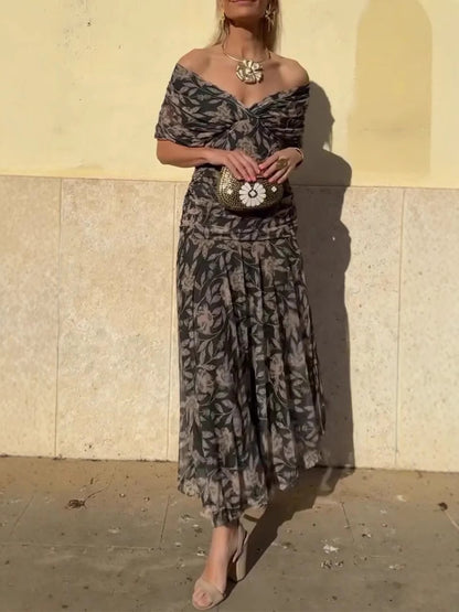 שמלה מודפסת עם צווארון וי וצווארון כתף לנשים